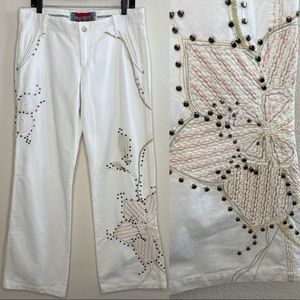 Johnny Was White Floral Embroidered Wide Leg Jeans